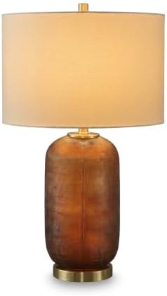 Signature Design by Ashley Farberman Amber Glass Table Lamp, 27-Inch with 3-Way Switch, Carved Glass and Metal with Drum Hardback Fabric Shade for Living Room or Bedroom, Orange & Metallic by Unknown