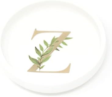 Trinket Tray Ring Dish with Personalized Z in Gold Foil and Greenery - White Ring Dish- Monogrammed Trinket Dish or Jewelry Bowl - Cedar & Ink (Z) by CedarandInk