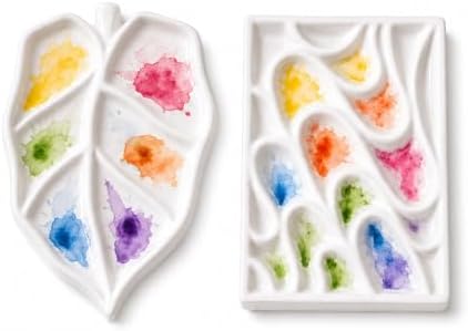 Bower Bird Porcelain Watercolor Palette Set, 5.5" Leaf & Wave Ceramic Paint Mixing Trays for Artists, Professional Watercolor Palette for Acrylic, Gouache and Watercolor Painting by BowerBird