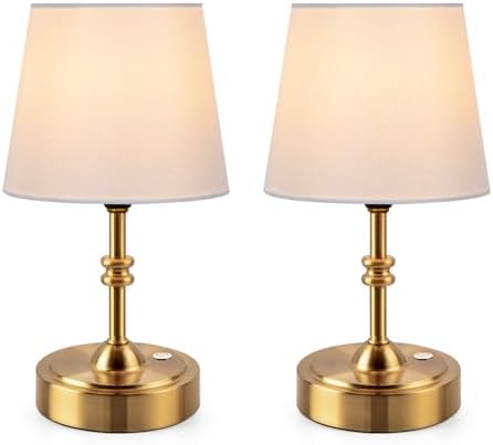 ONEWISH 2 Pack Small Cordless Lamps, Battery Operated Table lamp Dimmable, 4000mAh Rechargeable, Touch Bedside Lamp with White Fabric Shade, 2700K Bulb Included, for Dining, Patio, Bathroom(Gold) by onewish