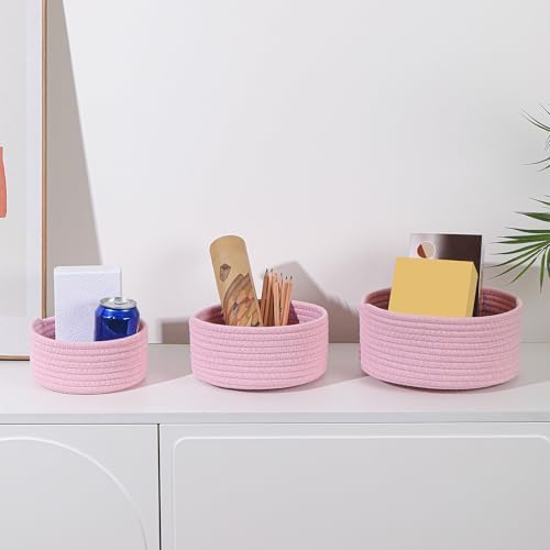 YMhoart Small Basket Cotton Rope Woven Baskets for Organizing Cute Mini Tiny Baskets for Nursery Decorative Boho Round Storage Bathroom Organization Bin Open Storage Bins (Pink) - Image 4