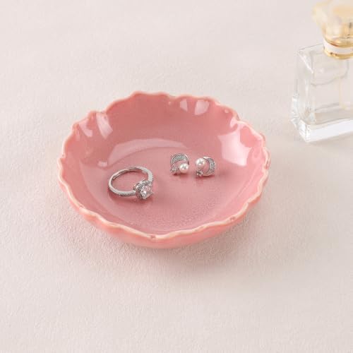 HOME SMILE Ceramic Jewelry Ring Dish Pastel Pink Ruffled|Trinket Tray for Rings, Earrings, Necklaces|Gifts for Women|Vanity Organizer & Bathroom Decor by HOMESMILE