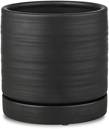 HERDUK 6 Inch Plant Pots, Ceramic Planter Pot with Drainage Hole & Saucer, Indoor/Outdoor Cylinder Round Planter Pot, Matte Black by Herduk