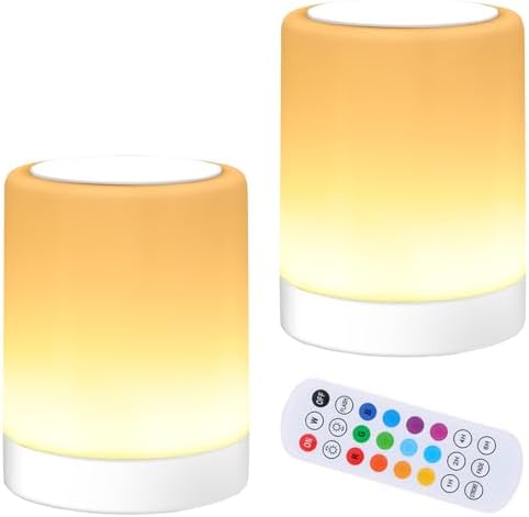OORUN Touch Bedside Table Lamp,13 RGB Colors & 5 Brightness, USB Rechargeable Desk Lamp, Remote Control Dimmable Night Light with RGB Color Changing,Portable Lamp for Baby (2 Pack White) by Unknown