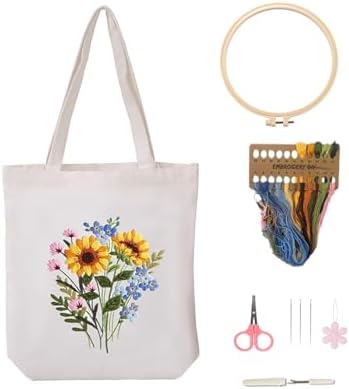 Vigdit Canvas Tote Bag Embroidery Kit for Beginners, Needlepoint Cross Stitch Kit for Adult Beginner, DIY Reusable Grocery Bags Embroidery Starter Kit with Stamped Floral Tools & Instructions by Vigdit
