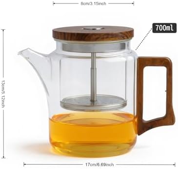 Glass Teapot, 700ml, Stovetop Safe, Walnut Wood Handle, Removable Stainless Steel Infuser, Non-Drip Spout - Image 2