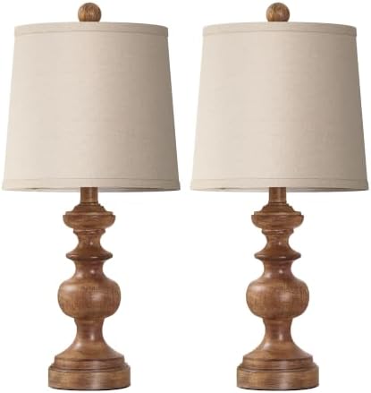 PARTPHONER Farmhouse Table Lamp Set of 2, Rustic Table Lamps for Living Room Bedroom, 22" Mid Century Modern Desk Lamp Bedside Nightstand Lamps with Linen Tapered Drum Shades, Wood Grain - Image 2