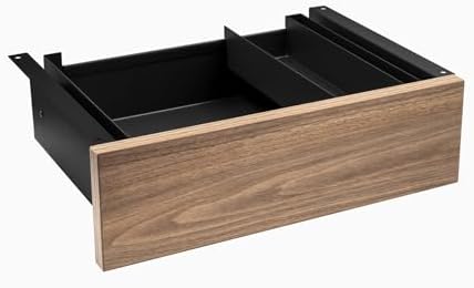 Desky Minimal Under Desk Drawer – Slim Pull-Out Metal Storage Organizer for Sit-Stand Desks, Smooth Glide, Space-Saving Design, Easy Mount, Natural Walnut Laminate & Black Frame by Desky