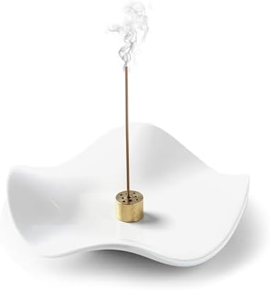 6.7 "Ceramic Incense Burner for Incense/Coil,Wavy Base with Brass -Incense Holder for Sticks,with Ash Catching Bowl for Meditation Yoga and Home Decoration (White) by HUULMOOD