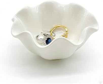 White Flower Jewelry Dish, 3.5″ Lotus Jewelry Bowl Ring Holder, Ceramic Jewlery Tray Cute Vanity Nightstand Bathroom Room Decor Trinket Dish Valentine's Friendship Birthday Gifts for Women Mom by BESSKON