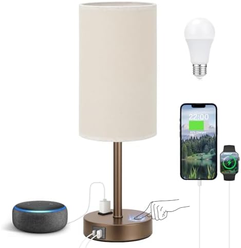 Fenmzee 17.4" Brown Lamp for Bedroom - Dimmable Touch, USB A+C, AC Outlet by Fenmzeelighting
