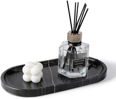 Koville Black Marble Vanity Tray for Bathroom Countertop, 10"x5" Natural Marble Catchall Tray Perfume Trays for Dresser, Stone Jewelry Dish Candle Holder for Home Decor, Stone Oval Trays by Koville