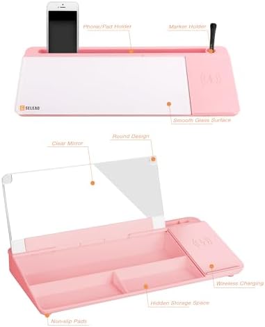 SELEAD Desktop Glass Whiteboard with Wireless Charger and Mirror, Pink - Image 6