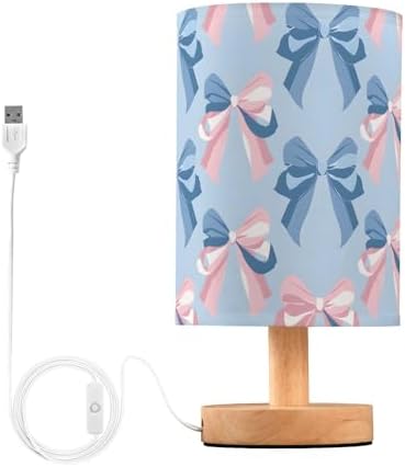 ALAZA Bedside Table Lamp Pink Bow Blue Pattern Lamp for Girls Boys Bedroom with USB Port LED Kids Nightstand Lamp Wood Base Desk Living Room Decor by ALAZA