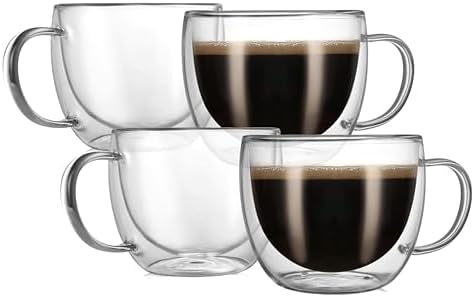 CNGLASS 8oz Double Wall Glass Coffee Mugs,Clear Insulated Espresso Glass Mugs with Handle for Latte,Cappuccino,Coffee,Set of 4 by CNGLASS