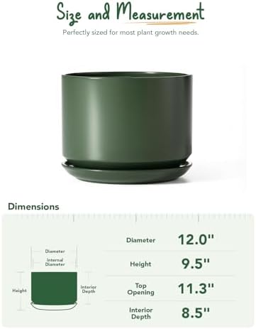 LE TAUCI 12 Inch Pots for Plants, Ceramic Plant Pots with Drainage Holes and Saucers, Elegant and Durable Large Plant Pot, Perfect for Home & Office Decor, Forest Green - Image 5