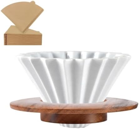 Ceramic Coffee Dripper,Pour Over Coffee Dripper with Wood Stand, Flower-shape for 1-2 Cups Slow Brewing Maker for Home Cafe,Includes Paper Filter Sheets (white) by Mix+Blu