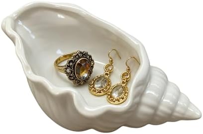 Conch Shape Ceramic Jewelry Tray, White Shell Trinket Dish, Ocean Themed Ring Earring Holder, Decorative Organizer for Rings, Earrings, Necklaces, Bracelets, Coastal Beach Home Decor (White Conch) by Unknown