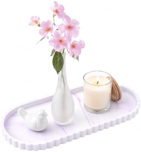 Silicone Bathroom Tray - 12''x5.3'' Oval Vanity Tray for Bathroom Countertop with Scalloped Edge, Elegant Bathroom Holders and Organizers for Toilet Top, Bathtub Caddy, Marble White Purple by METEOROCK