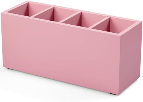 Bivvclaz Pencil Pen Holder for Desk, Wooden Office Desk Organizers and Accessories with 4 Slots for Countertop, Makeup Brush Holder Organizer for Bathroom Vanity, Silverware Caddy for Party, Pink by Bivvclaz