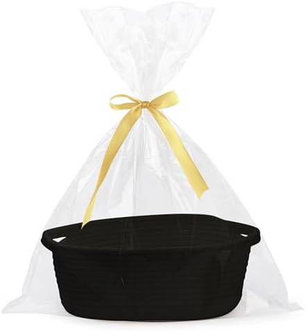 Pro Goleem Small Woven Basket with Gift Bags and Ribbons Durable Baskets for Gifts Empty Small Rope Basket for Storage 12"X 8" X 5" Baby Toy Basket with Handles, Black by ProGoleem