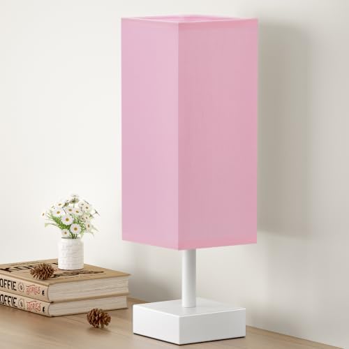 aooshine White Small Bedside Lamp for Bedroom - Square Pink Fabric Shade by Aooshine