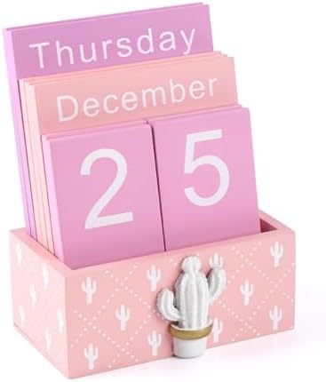 Notakia Perpetual Calendar Wooden Blocks Vintage Wood Block Calendar for Home Office Desk Accessories Week Month Date Display (Pink Calendar) by Notakia
