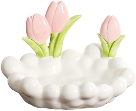 Ceramic Tulip Jewelry Tray, Decorative Trinket Dish for Rings Earrings Necklaces for Bedroom/Bathroom, Cute Keys/Watch Bowl for Entryway, Gift for Girl/Women Birthday Mother's Day Christmas, White by AMZWISH
