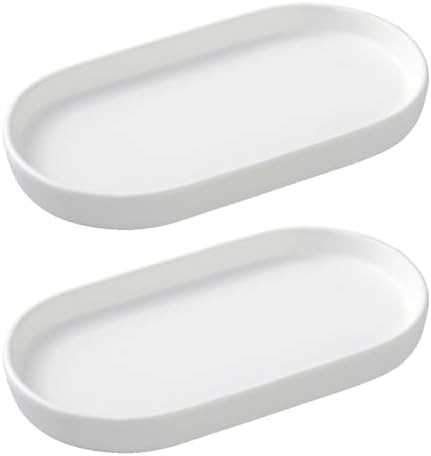 2 Pack White Round Soap Dispenser Tray - 8'' Ceramic Vanity Tray & Organizer Plate Set, Bathroom & Kitchen Countertop Decor for Soap Dispenser, Jewelry, Cosmetics, Sink by Eyrozia
