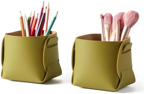 HOMIEAZICOZI 2-Pack Cork Leather Desk Accessories Storage - Pencil Pen Holder - Makeup Brush Holder Organizer - Stylish Addition to Home Decor (Olive Green) by HOMIEAZICOZI