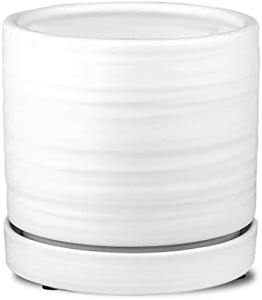 HERDUK 6 Inch Plant Pots, Ceramic Planter Pot with Drainage Hole & Saucer, Indoor/Outdoor Cylinder Round Planter Pot, Matte White by Herduk