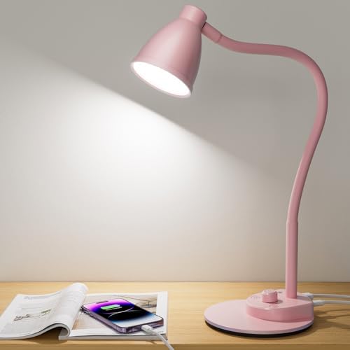 BOHON Cute Desk Lamp with USB Charging Port, 3 Color Modes Dimmable, Pink by BOHON