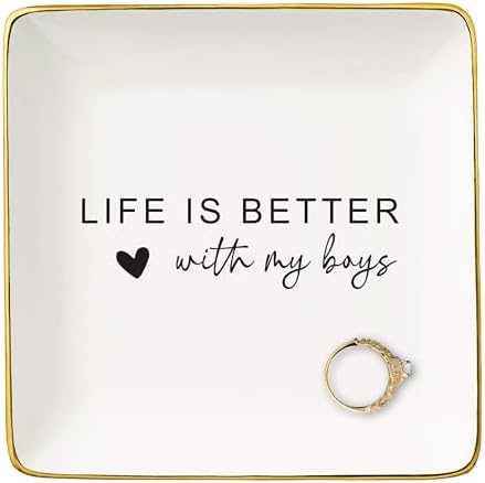NZY Life Is Better With My Boys - Mom Life Gift: Ceramic Jewelry Tray Trinket Holder Ring Dish by NZY