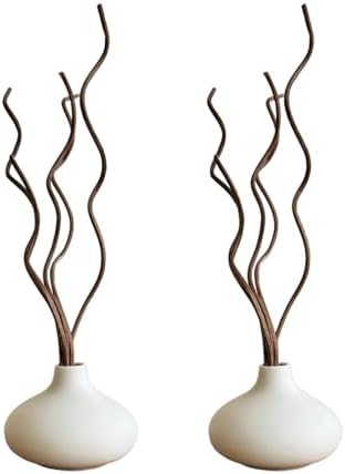 White Ceramic Vase, DIY Empty Reed Diffuser Bottle with Wavy Brown Rattan Sticks for Essential Oils, Set of 2, Aromatherapy, Modern Minimal Decor by Unknown