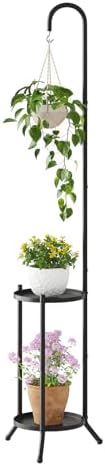 2-Tier Metal Plant Stand with Hanging Hook, Indoor Outdoor Plant Shelf,Heavy Duty Plant holder Rustproof Iron Multiple Plant Round Supports Rack for Planter Corner Garden Balcony Patio (Black) by Wieghda