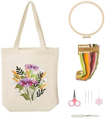 Vigdit Canvas Tote Bag Embroidery Kit for Beginners, Needlepoint Cross Stitch Kit for Adult Beginner, DIY Reusable Grocery Bags Embroidery Starter Kit with Stamped Floral Tools & Instructions by Vigdit