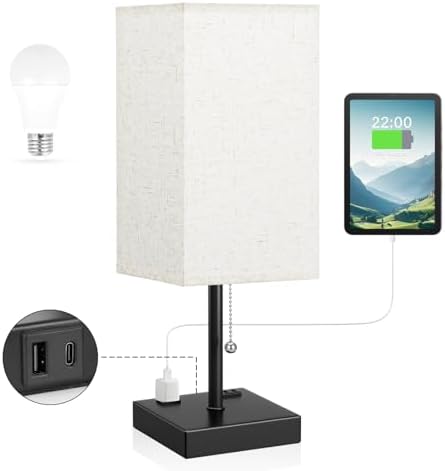 aooshine 17.4" Beige Bedside Table Lamp for Bedroom - USB C+A, 2 AC Outlets - Image 2