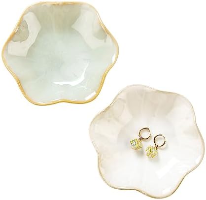 2PCS Lotus Leaf Shape Ring Holder Dish, Small Key Bowl, Ceramic Trinket Tray Jewelry Dish Organizing Necklace Earrings for Mom Friend Sister, All Jewelries Are NOT Included.White+Light Green. by JAMEND+CLXP