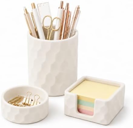 Aesthetic Geometric Silicone Desk Organizer Set of 3,Modern Office Desk Accessories with Round Pen Holder,Paperclip Tray,Sticky Note Holder,Stylish Functional Desk Decor for Home Office(Beige) by minimaliving