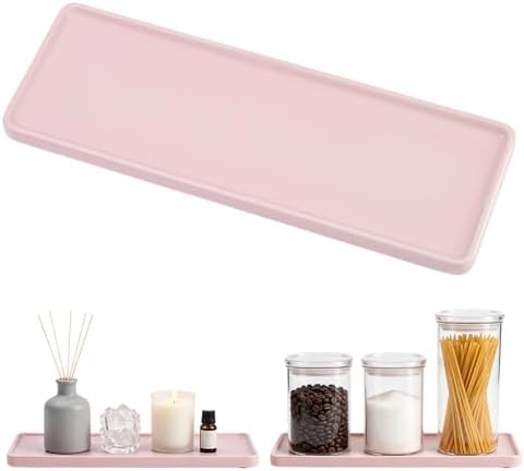 Bathroom Tray Countertop 10.6"x3.7" Rectangle Ceramic Vanity Trays for Bathroom Counter Decorative Dresser Jewelry Perfume Organizer Tray for Cosmetics Rings Necklaces Earrings (Pink) by Unknown