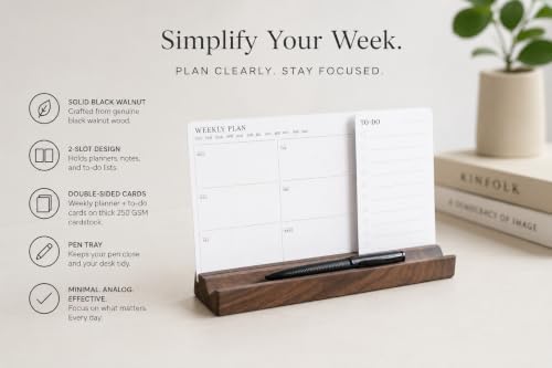 Minimalist Weekly Planner Desk Set – Solid Black Walnut Stand with Pen Tray, Double-Sided Planner & To-Do Cards (Walnut Stand and Planner Cards) - Image 2