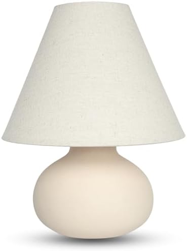 11" Small Table Lamp – Handmade Round Ceramic Cream Base with Off-White Fabric Shade, Dimmable Plug-in Nightstand or Accent Light – Organic Boho Japandi Decor for Bedroom or Small Spaces by Unknown