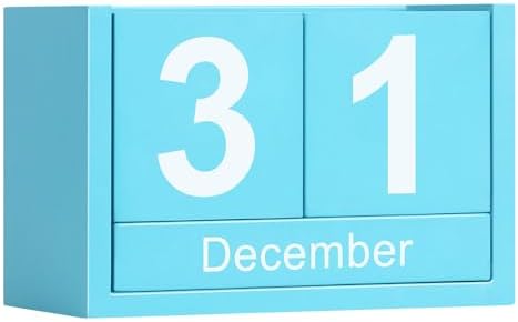 Wooden Block Calendar for Desk, Small Size Daily Desktop Perpetual Desk Calendar, Cute Date Display Desk Accessories for Home Office Decor, Teacher, Classroom, Reusable Yearly, Blue by DEERINE