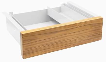 Desky Minimal Under Desk Drawer – Slim Pull-Out Metal Storage Organizer for Sit-Stand Desks, Smooth Glide, Space-Saving Design, Easy Mount, Teak Hardwood & White Frame by Desky