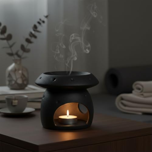 Ceramic Essential Oil Burner, Mushroom Shaped Wax Melt Burner with Tealight Candle Holder, Black Scented Oil Warmer for Fragrance Wax Melts, Home Bedroom Bathroom Decor, 4.6 x 4.2 in - Image 6