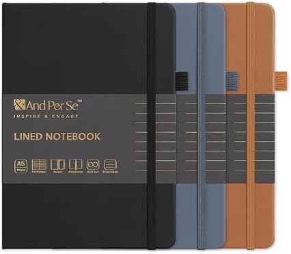 &And Per Se Lined Notebooks 3-Pack Gift Set, A5 Hardcover Journals, 160 Pages 100gsm Thick Paper, 3 Assorted Colors (Brown, Blue, Black) by AndPerSe