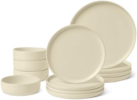 Amazon Basics Glazed Stoneware Dinnerware Set, Ceramic, Dishwasher-Safe, Freezer-Safe, 4 Full Place Settings, 12-Piece, Ivory by AmazonBasics
