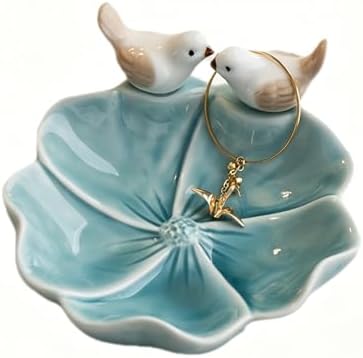 Ceramic Jewelry Tray Trinket Dish, Cute Bird & Lotus Leaf Design, Ring Holder, Seasoning Condiment Dish, Aesthetic Vanity Desk Decor for Bedroom Bathroom (blue) by Qaoliffa