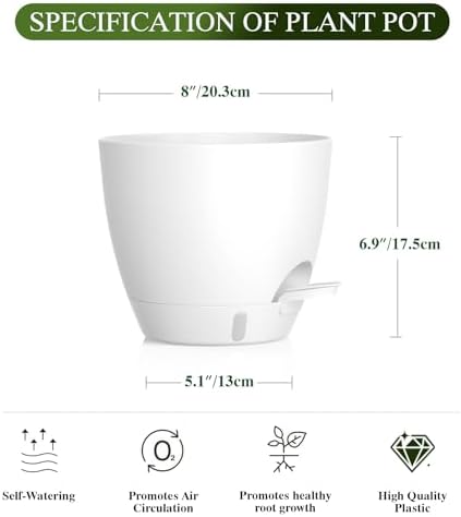 Self Watering Pots with Drainage Holes, 2 Pack 8 Inch Plant Pots with Water Level Indicator Deep Reservoir, Large Plastic Planter for Indoor Outdoor Plants - White - Image 2