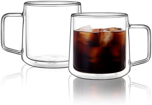 CNGLASS 15oz Double Walled Glass Coffee Mugs,Large Insulated Glass Mugs with Handle,Clear Coffee Cups for Espresso,Latte,Cappuccino,Tea,Set of 2 by CNGLASS